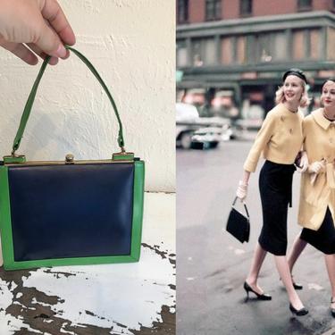 It Takes Two to Compliment - Vintage 1950s 1960s Navy Blue &amp; Green Coloured Leather Handbag Purse 