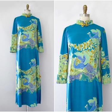 ALICE Vintage 60s Asian Cheongsam Inspired Dress, 1960s Bird Floral Print Maxi | 70s 1970s Boho Bohemian Mid Century Tiki, Size Small Medium 