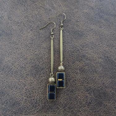 Long brass geometric earrings, brutalist earrings, mid century modern earrings bold statement, blue hematite, unique chic earrings 