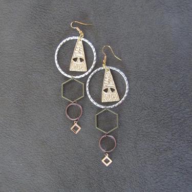 Long celestial earrings, Large bold statement earrings, unique ethnic earrings, mixed metal earrings, exotic eye of Horus, Egyptian earrings 