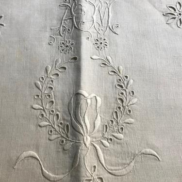 French Linen Lingerie Case, Pillow Holder, Sham, Heirloom White Linen, Embroidered Ribbon Bow, Monogram, French Farmhouse 