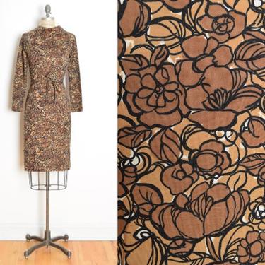 vintage 60s dress brown floral print cowl neck sheath secretary Carol Brent S/M clothing 