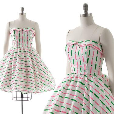 Vintage 1980s Sundress | 80s does 1950s Style Striped Printed White Strapless Cotton Circle Skirt Day Dress with Pockets (small/medium) 