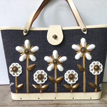 Vintage Enid Collins Les Fleurs Handbag, Basket Weave Purse, Black/Dark Navy-Read Description, White Flowers, Leather Handles 