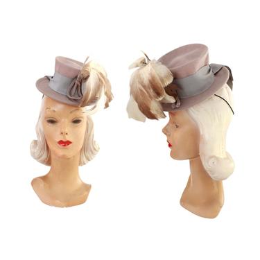 1940s Gray Suiter Tilt Hat With Feather - 1940s Gray Tilt Hat - 1940s Tilt Hat - 1950s Suiter Hat - Vintage Gray Hat - Vintage Tilt Hat 