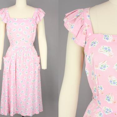 1940s Wheelbarrow of Flowers Dress | Vintage 30s 40s Novelty Print Button Back Cotton Day Dress | medium 