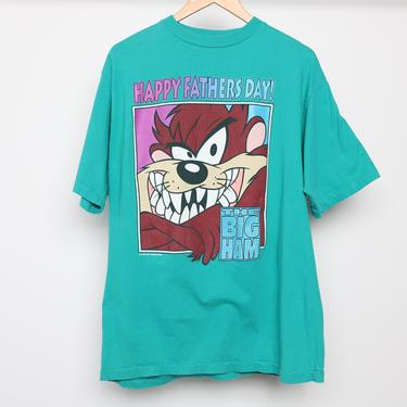 LOONEY tunes faded TAZ 1990s &amp;quot;Happy Father's Day&amp;quot; men's teal blue vintage 1990s pullover t-shirt top -- size large 