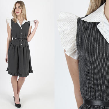 Vintage 70s Black White Collared Dress Ruffle Western Style Hem Skirt Button Front Swiss Dot Dress Prairie Knee Length Mini Dress 