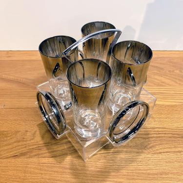 Vintage Dorothy Thorpe Style Silver Fade Highball Glasses, Coasters, and Caddy MCM 