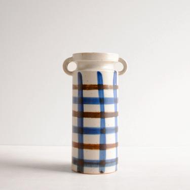 Vintage Stoneware Pottery Vase in Blue, White, and Brown Plaid, UCTCI Japan Vase 