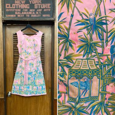 Vintage 1960’s Tiki Mod Pink Love Bird Jungle Novelty Print Dress, Vintage 1960’s Dress, Tiki Dress, Parrot, Bird, Mod Dress, Novelty Print 