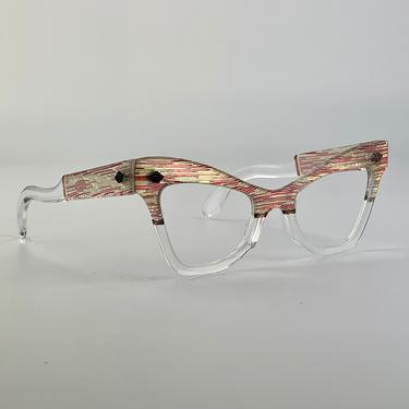 RARE &gt;&gt;Vintage&lt;&lt; 1950'S Cat Eye Glasses - by LUMAR 352 - Metallic Gold, Red & Clear Plastic Frames - Optical Quality 