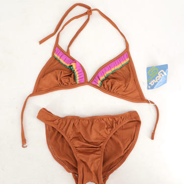 70s copper string bikini w/ colored trim / vintage 1970s bathing suit halter top swimsuit XS / S 