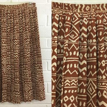 Vintage Leslie Fay Skirt 90s Skirt Brown Beige Tribal Chevron Abstract Geometric Striped Midi Skirt Elastic High Waisted Accordion Pleated 