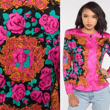 Silk Baroque Shirt 90s Hot Pink Floral Blouse Button Up Top 1990s Long Sleeve Rose Blouse Turquoise Vintage Small S 