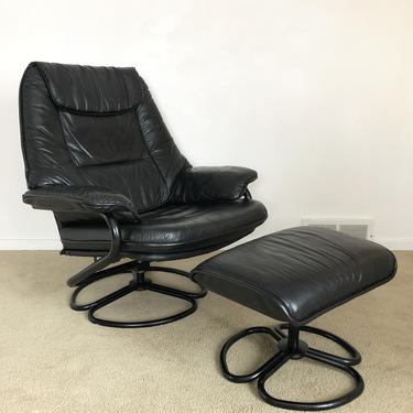 Danish modern leather lounge chair recliner and ottoman mid century 