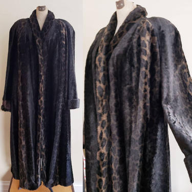 1990s Faux Fur Animal Print Coat / 90s Brown and Black Velour Textured Oversized Coat Shawl Collar / Lorovi Woman / L 