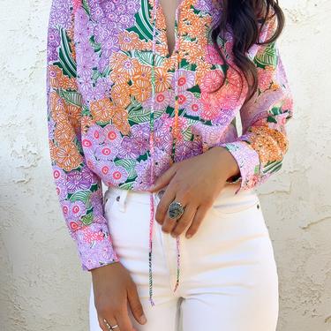 Vintage 70's 100% Polyester Floral Pullover Collared Blouse 