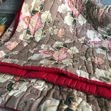 Antique French Quilt, Art Deco Floral Toile, Wool Filled Blanket, Comforter, French Textiles, Farmhouse Decor 
