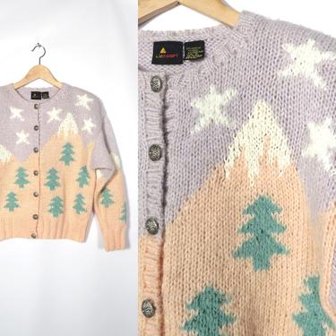 Vintage 90s Wool Blend Pastel Mountain Scene Cardigan Size S 