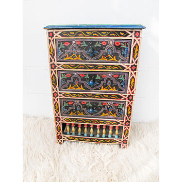 Vintage Hand Painted Moroccan Solid Wood  Small Accent Cabinet / Side Table 