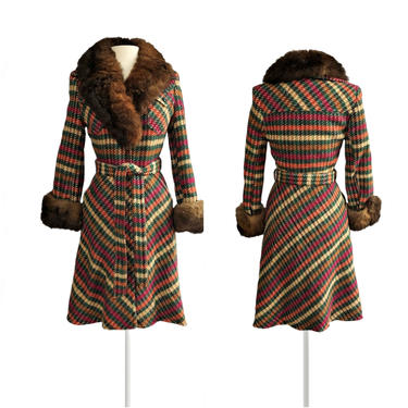 Vintage 70s striped princess coat with fur collar| Kelly green raspberry orange &amp; cream wool blend| beaver fur| Utex Design by Sysser| 