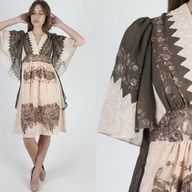 Brown Fruit Print Dress / Kimono Sleeve Wrap Dress / Wide Angel Sleeve Prairie Style / Beige Womens Orchards Mini Dress 