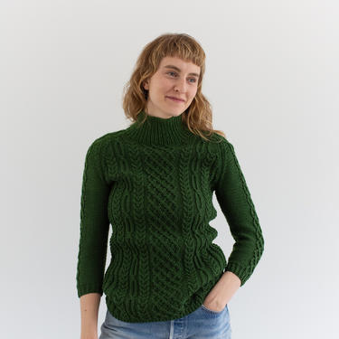 Vintage Green Cableknit Turtleneck Sweater | Fisherman Jumper | XS S | 
