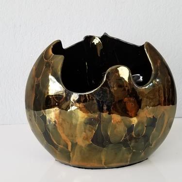 1980s Vintage Sculptural Black and Gold Art Pottery Vase, Signed 
