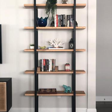 Farmhouse Shelving Unit, Custom Shelving made of reclaimed wood and square tube steel.  Choose size and wood finish. 
