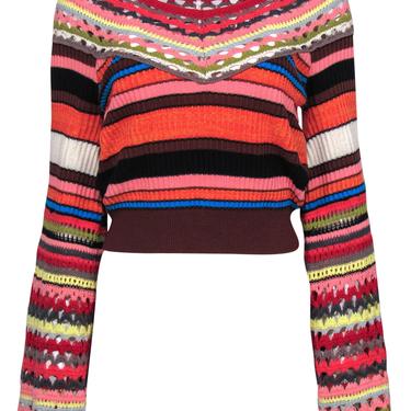 Free People - Multicolor Striped Crochet Bell Sleeve Cropped Sweater Sz S
