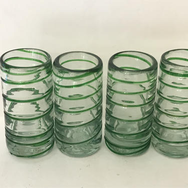 Set of Four Green  Handmade Blown Mexican Tequila Shot Glasses Raised Spiral - 3 ounce 