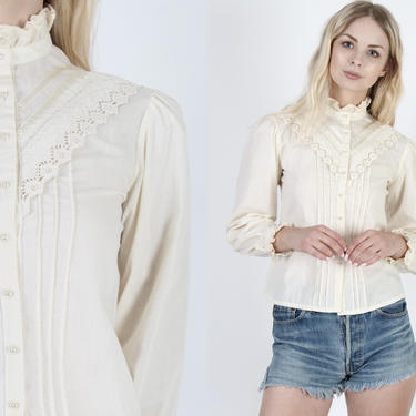 Vintage 70s Cream Gunne Sax Top Jessica McClintock Blouse Country Style Blouse Button Up Top Prairie Long Sleeve Solid Color Blouse 