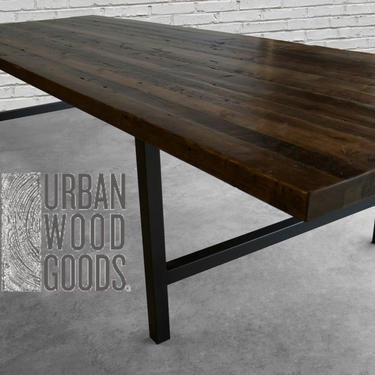 Solid Antique Wood Conference table with reclaimed wood top and square steel H style legs in your choice of color, size and finish 