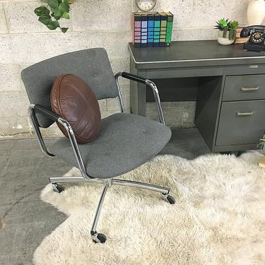 LOCAL PICKUP ONLY Vintage Chair Retro 1990s Silver + Chrome + Metal Frame + Dark Gray Tweed + Tufted Seat and Back + Office Chair on Wheels 