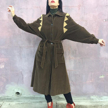vintage 80s VALENTINO brown corduroy belted trench coat | collared button down overcoat w| large pockets 