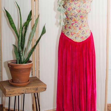 1940s Rare Drop Waist Floral Velvet Dress. 