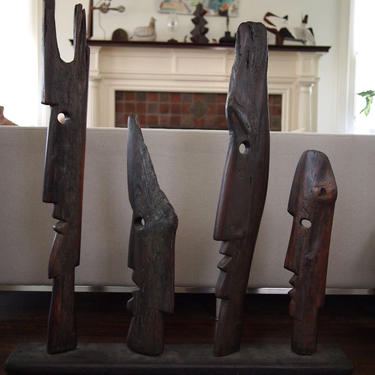 Leigh Wilson CARVED WOOD SCULPTURE 4 Heads 48x39&amp;quot; Mid-Century Modern abstract outsider folk art brut tribal tiki primitive african eames era 