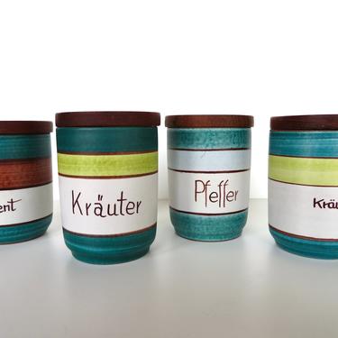 Set of 4 KMK Germany Ceramic Spice Jars With Wooden Lids, Mid Century Modern Pottery Herb Containers Hand Painted, Vintage Stash Jars 