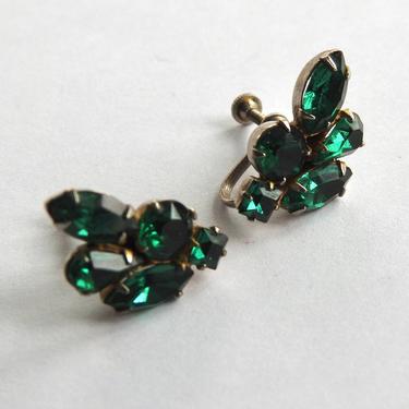 Green Mid Century Rhinestone Earrings 