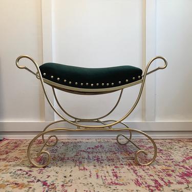 Vanity Seat Stool, 1960s Vanity Stool, tufted Hunter green velvet wrought iron stool or plant stand arched seat 