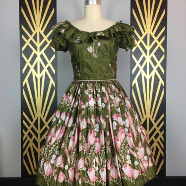 Vintage swing dress, Olive green floral, 1970s square dance dress, circle skirt, off the shoulders, ruffled dress,tulip print, fit and flare 