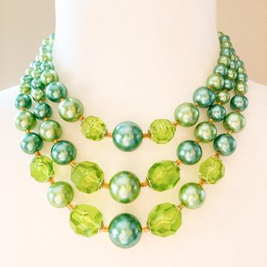 60s Green Aqua and Gold Multilayered Beaded Necklace 