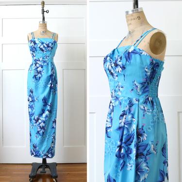 vintage 1970s Hawaiian dress • full length 1950s style sundress in bright blue tropical hibiscus print 