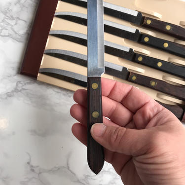 Mid Century Steak Knives with Rosewood Handles, Utica Super Edge 