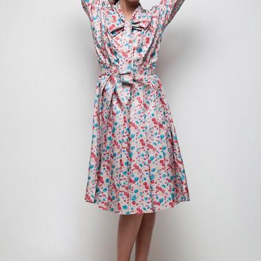 shirtwaist dress, bow dress, ascot dress, 70s secretary pleated floral print blue pink LARGE L 