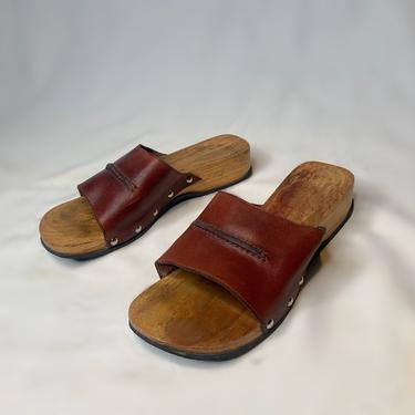 Red Leather Wooden Clogs 