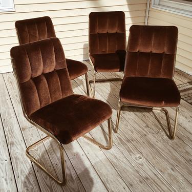 Brown Upholstered Brass Cantilever Chairs, Brass Dining Chairs, Vintage Dining Chairs, Upholstered Dining Chairs, Set of 4 
