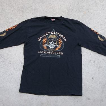 Vintage Harley Davidson Shirt Large El Paso Texas Long Sleeve Skulls Distressed Biker Chopper Legendary Motorcycles Flames Faded Black 