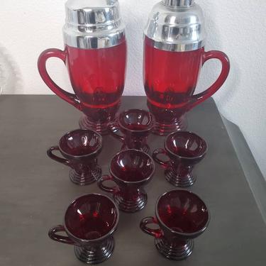 Antique American Art Deco 10 Piece Ruby Red Glass & Chrome Cocktail Shaker Bar Set 